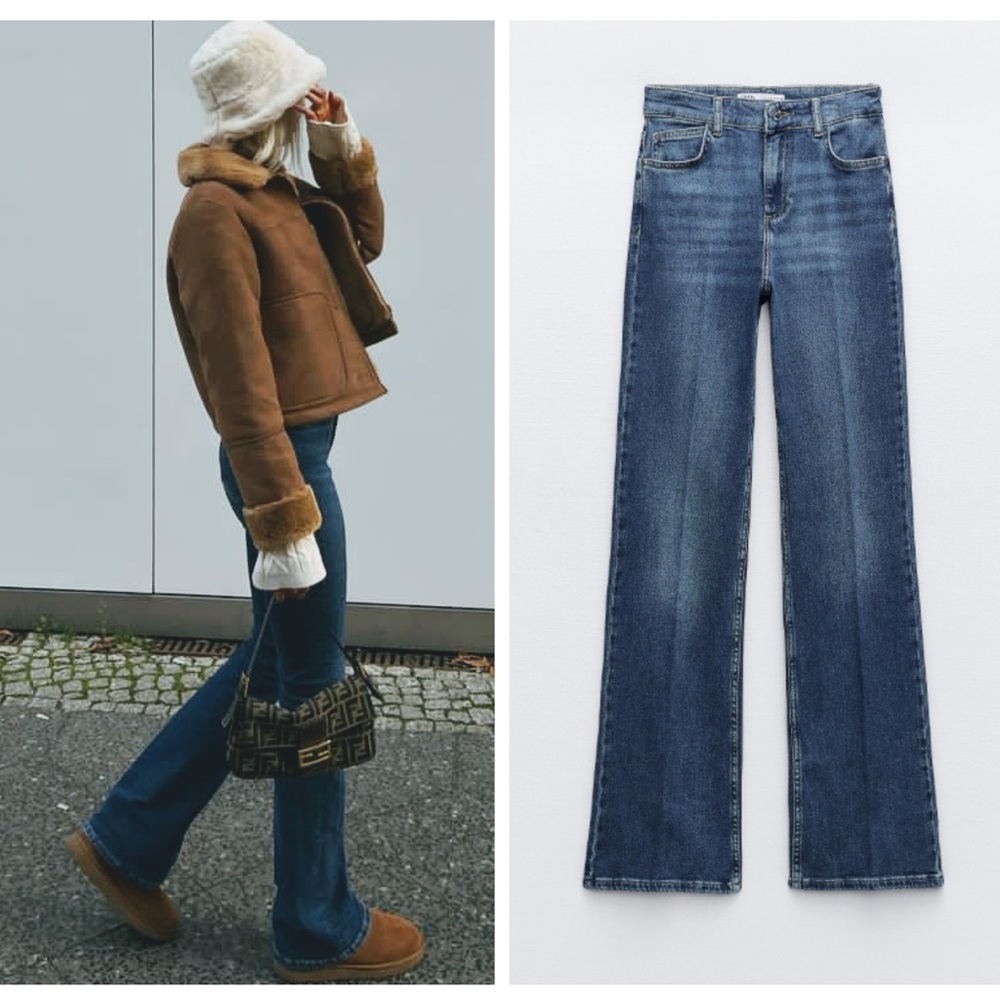 ZARA high rise flare leg stretchy blue jeans blogger favorite